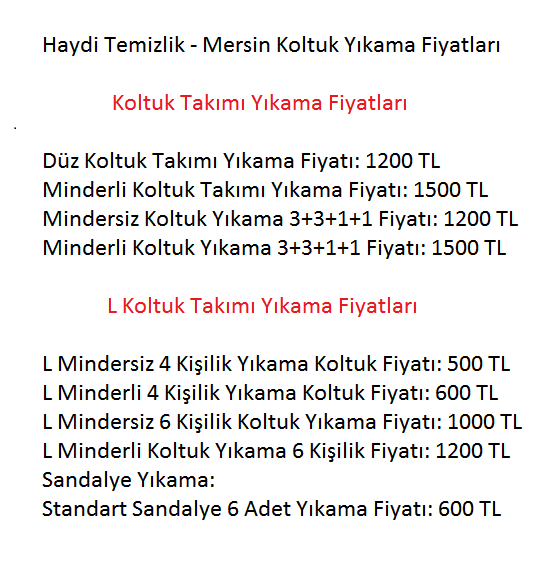 Mersin koltuk yıkama fiyatlarının grafiksel listesi
