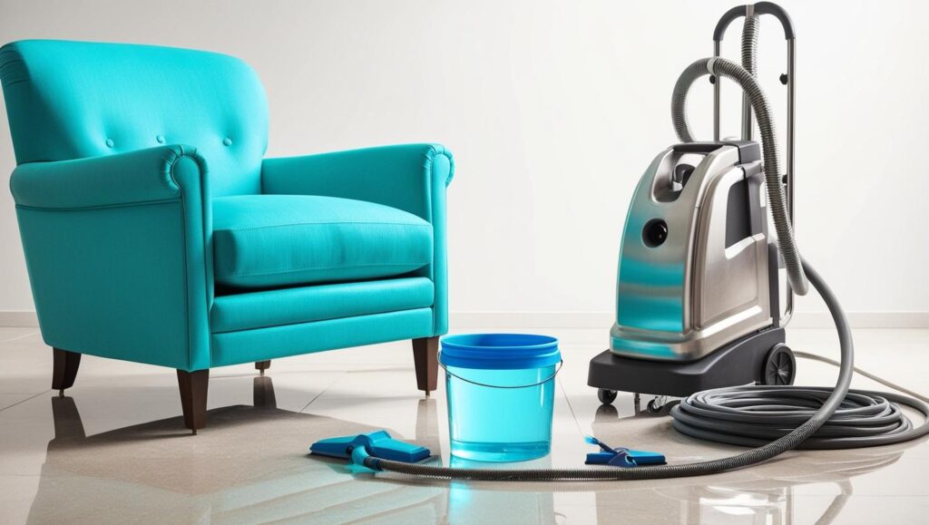 Resimde, parlak, açık renkli bir zemin üzerinde bir temizleme sahnesi gösteriliyor. Sol tarafta, canlı mavi renkte, modern tasarımlı, ayaklı bir koltuk bulunuyor. Koltuğun yanında, gri hortumu ve iki mavi başlığı yere serilmiş, gümüş renkli, tekerlekli bir temizleme makinesi yer alıyor. Makinenin hemen önünde, içinde bir miktar sıvı bulunan şeffaf mavi bir kova görülüyor. Zemin, parlak ve yansıtıcı bir yüzeye sahip, bu da sahneye temiz ve düzenli bir hava katıyor. Arka planda, açık renkli, düz bir duvar bulunuyor. Resmin genel kompozisyonu, temizlik ve düzen temalarını vurguluyor.